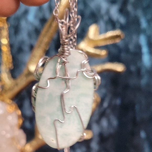 Handmade - Wire Wralled Amazonite CA and Aqua Pendant Necklace - Picture 7 of 7